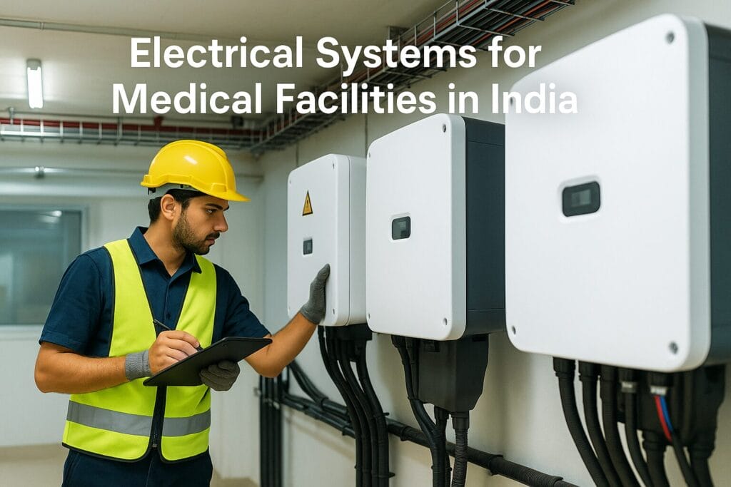 A male worker in a yellow hard hat and safety vest inspects electrical control panels while holding a clipboard. Text reads: Medical Facility Electrical Systems and Healthcare Electrical Compliance in India.