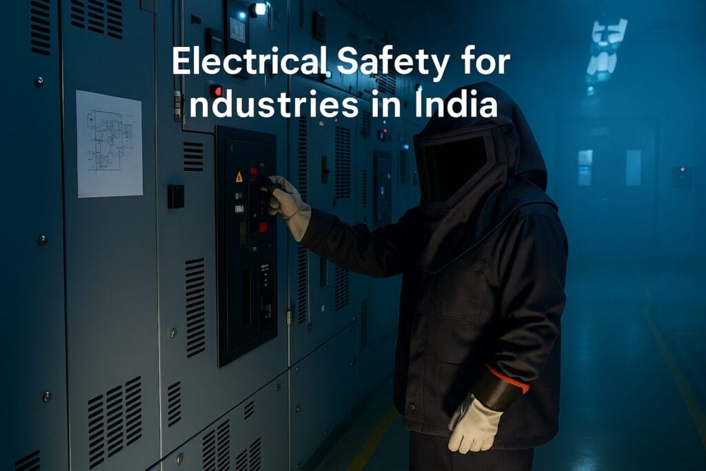 A person wearing electrical safety gear operates a control panel in an industrial setting. Text on the image reads, Electrical Safety and Arc Flash Mitigation for Industries in India by Elion Technologies India.
