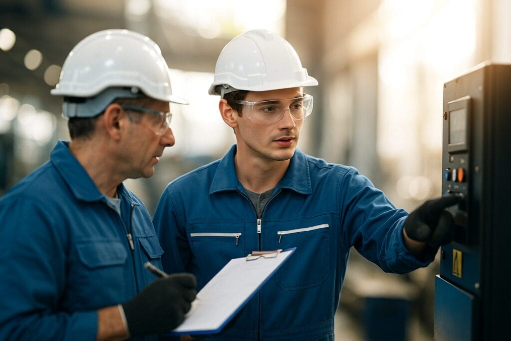 Two male factory workers in blue uniforms and hard hats collaborate in an industrial facility, discussing inrush current effects as one operates a control panel and the other takes notes on a clipboard.