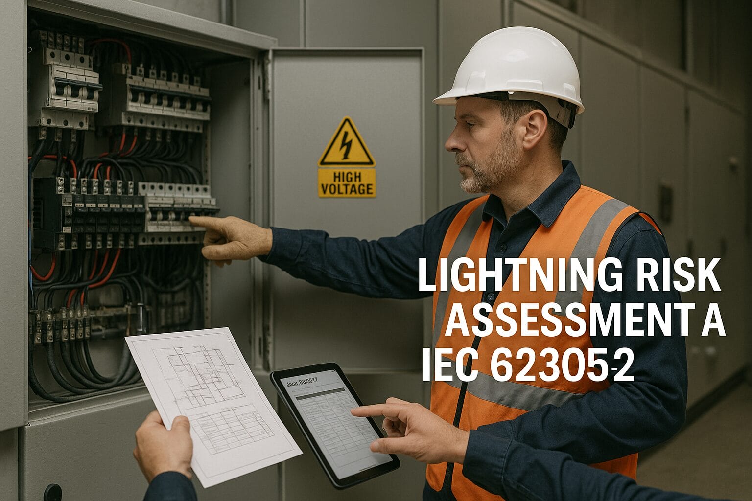 Two workers in safety gear inspect a high-voltage electrical panel. One holds a blueprint, the other uses a tablet as they discuss lightning risk assessment per IEC 62305-2. Text overlay: LIGHTNING RISK ASSESSMENT A IEC 623052.