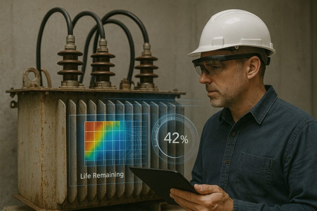 A man in a hard hat and safety glasses inspects electrical equipment, holding a tablet. A digital graphic displays “Life Remaining 42%,” illustrating an advanced electrical equipment remaining lifetime assessment overlayed on the equipment.