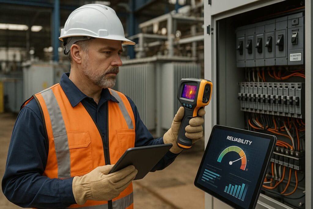 An engineer wearing a hard hat and safety vest uses a thermal camera and holds a tablet while performing an electrical reliability assessment of a control panel; a monitor displays a reliability gauge.