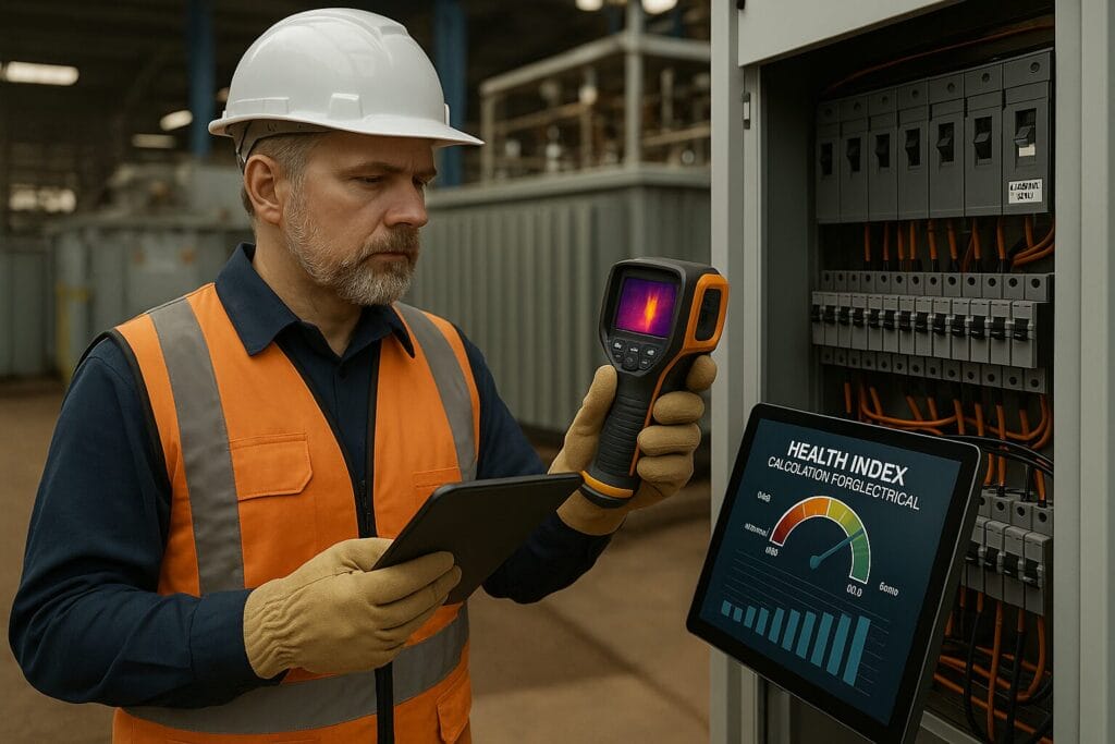 A man in a hard hat and orange safety vest uses a thermal imaging camera and holds a tablet near an electrical panel displaying an electrical asset health index graph, highlighting electrical equipment condition monitoring in an industrial setting.
