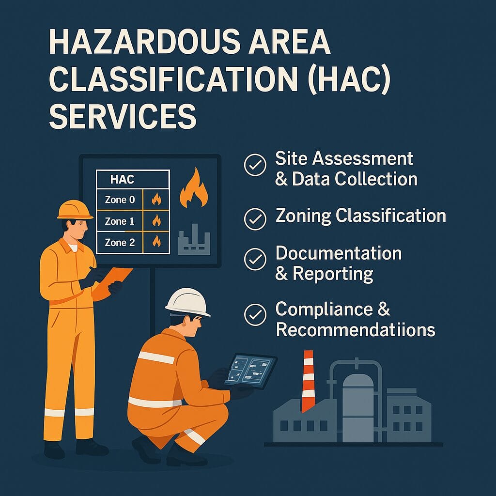 Two workers in safety gear analyze data on screens beside an industrial facility. The text highlights hazardous area classification (HAC) services for industrial safety, including site assessment, zoning, documentation, compliance, and recommendations.