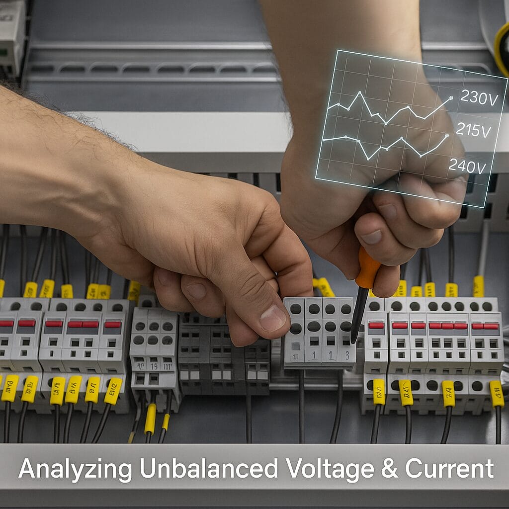 Two hands work on an electrical panel with labeled wires and connectors. A digital overlay shows fluctuating voltage readings, highlighting industrial power quality concerns. Text at the bottom reads: Analyzing Unbalanced Voltage & Current.