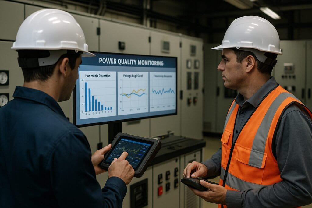 Two engineers wearing hard hats review data on a tablet and smartphone in front of a large screen displaying power quality monitoring charts and graphs for industrial power systems in a control room.