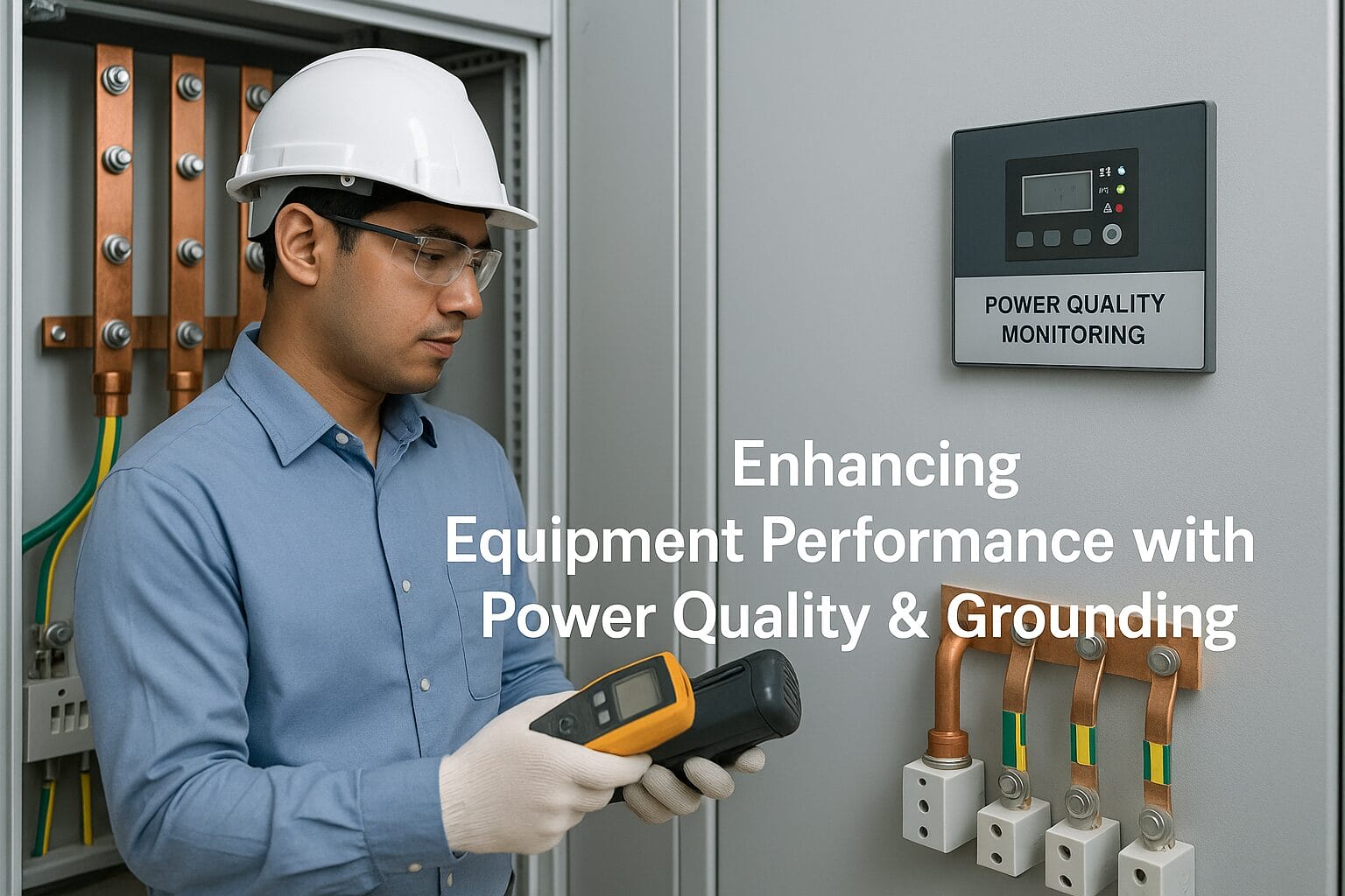 A man wearing safety gear uses a handheld device to inspect electrical equipment near an electronic power quality monitoring panel. Text on the image reads, “Enhancing Equipment Performance with Power Quality & Grounding.”.
