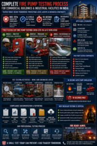 Fire pump control panel showing automatic and manual start switches, pressure gauges, and indicator lights during testing procedure at an Indian commercial building