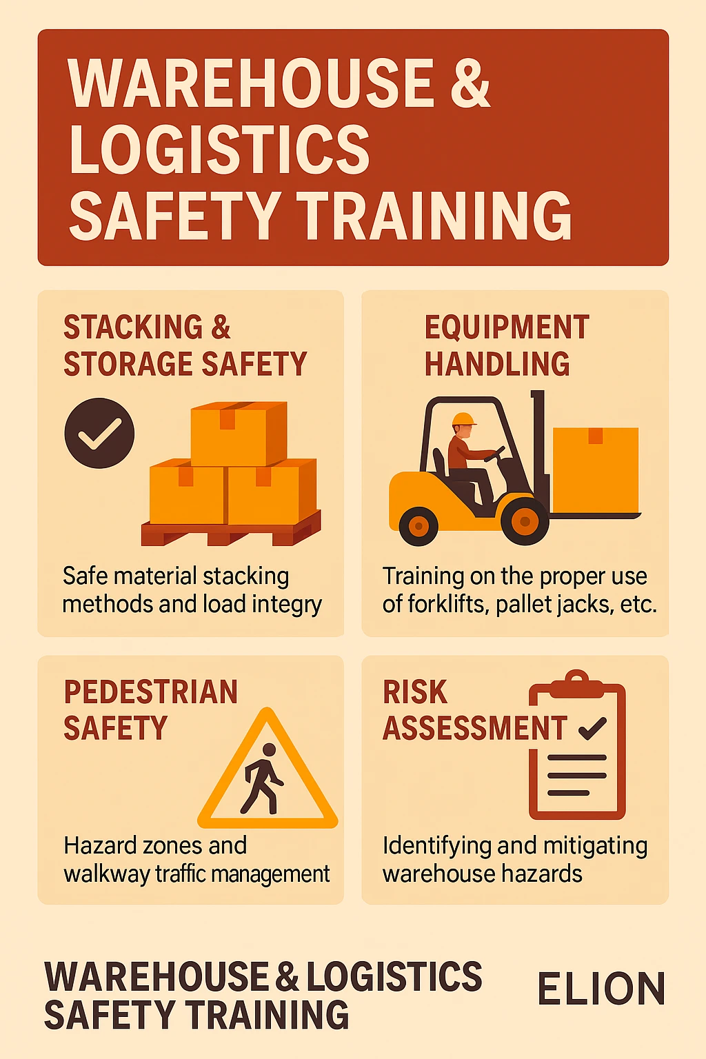 Infographic titled “Warehouse & Logistics Safety Training,” covering stacking and storage safety, equipment handling, pedestrian safety, and risk assessment—with icons and brief tips—ideal for contractor safety training and Elion training programs.