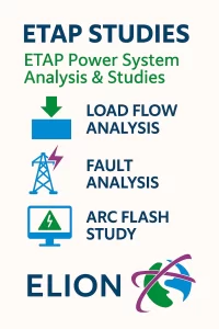 Infographic titled ETAP Studies lists ETAP Power System Analysis & Studies including Load Flow Analysis, Fault Analysis, and Arc Flash Study, each with related icons. ELION logo appears at the bottom.