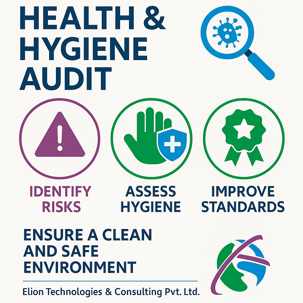 Infographic titled Health & Hygiene Audit with icons for identifying risks, assessing hygiene, and improving standards. Text at bottom reads Ensure a clean and safe environment with Elion Technologies, your partner in workplace hygiene audit.