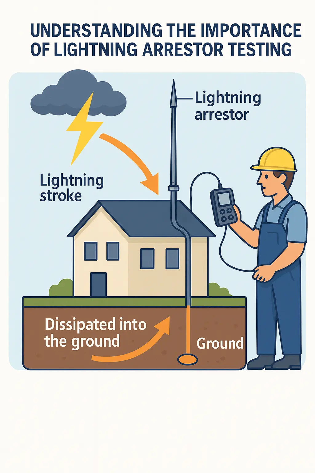 Illustration showing the importance of lightning arrestor testing, with a house, lightning strike, arrestor, and technician testing the system as energy is safely dissipated into the ground.