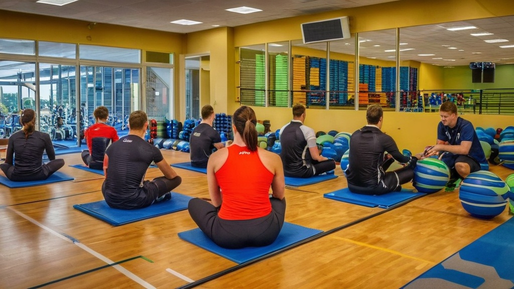 A group fitness class sits on yoga mats in a gym, facing an instructor. The room is bright, with exercise balls stacked along the walls and large windows providing an outdoor view.