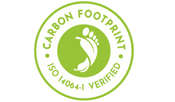 Green circular badge features a footprint and leaf design in the center. Around the edge, it reads "ISO 14064:2018 – Carbon Footprint Verified.