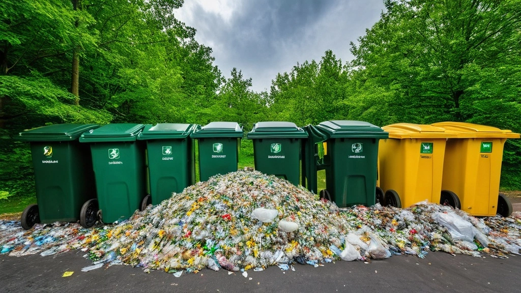 A row of green and yellow recycling bins stands in front of a forest, with a large pile of mixed trash and plastic bags overflowing onto the ground in front of the bins.