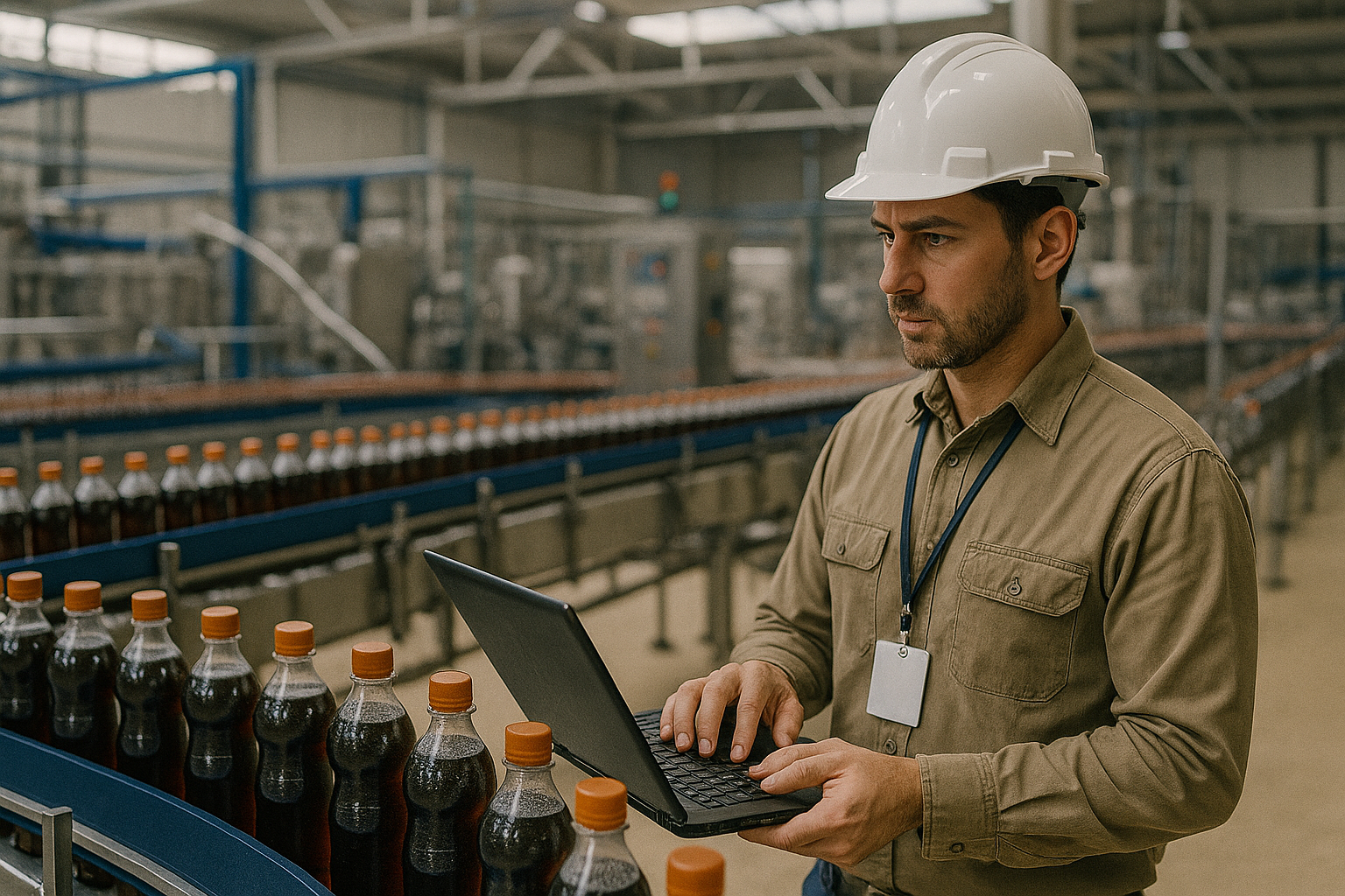 A man in a hard hat and work shirt uses a laptop while inspecting bottles on a conveyor belt in a factory setting.