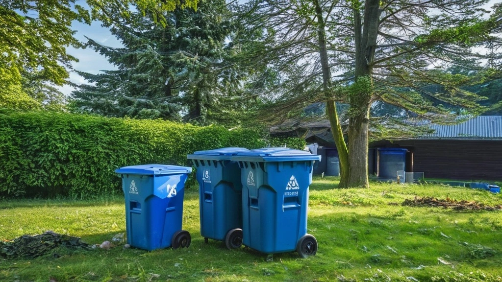 Three blue recycling bins with white recycling symbols stand on a grassy lawn near tall trees and a wooden building, in a bright, green outdoor setting.