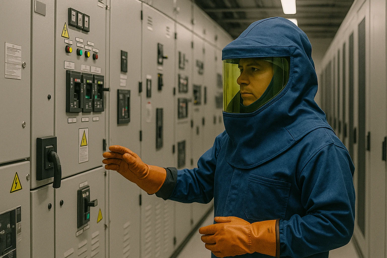 A person wearing a blue protective suit, face shield, and orange gloves operates electrical control panels in an industrial setting. The panels feature switches, buttons, warning labels, and indicator lights.