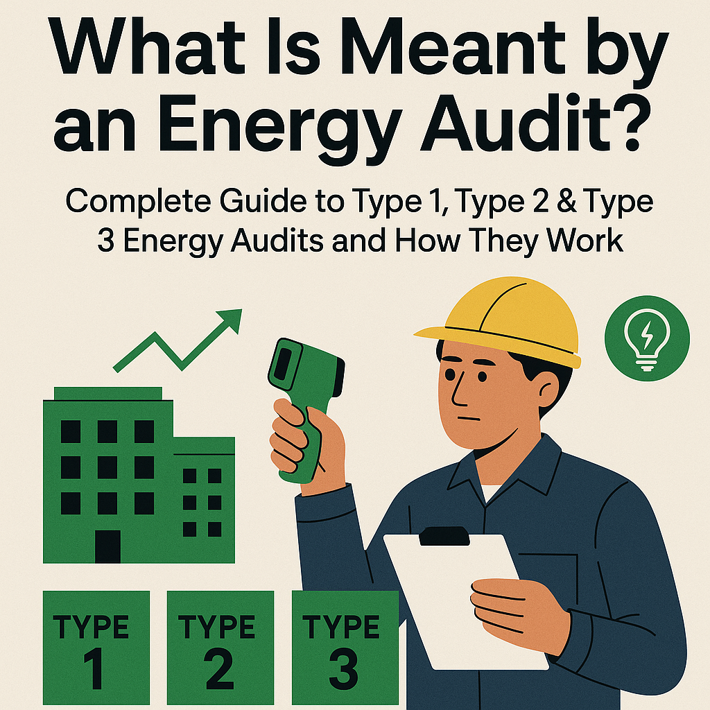 Energy audit illustration showing an auditor with a clipboard, infrared thermometer, and icons for Type 1, Type 2, and Type 3 audits.