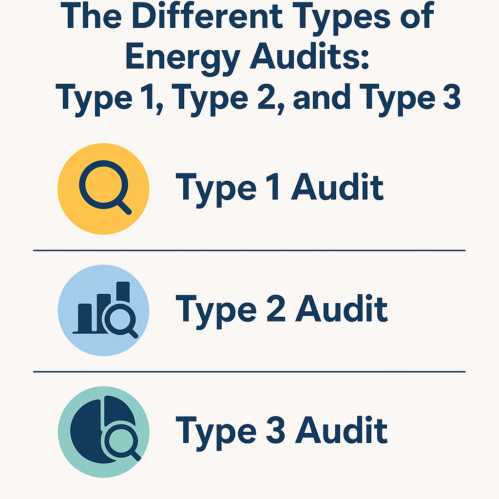 Infographic showing Type 1, Type 2, and Type 3 energy audits with icons and labeled sections.