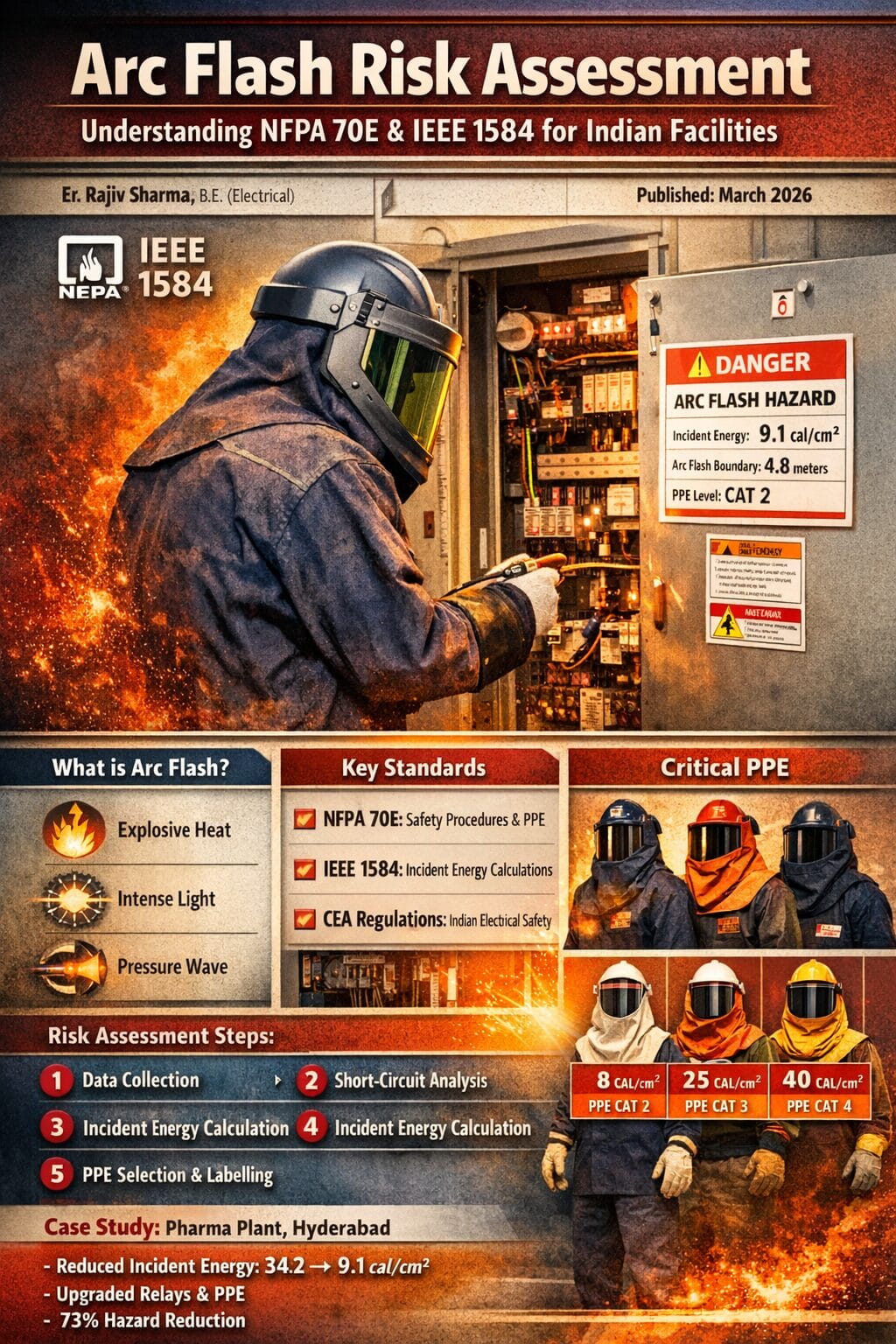 Electrical engineer performing arc flash risk assessment on MCC panel in an Indian manufacturing facility