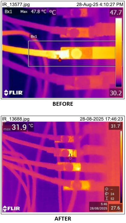 Before and after thermography showing correction of electrical hotspot