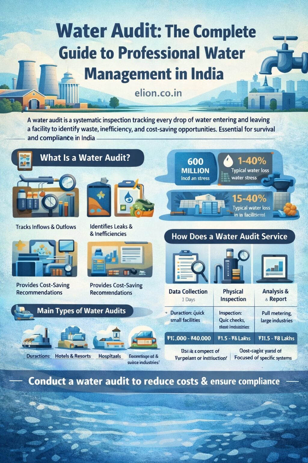 A water audit is a systematic inspection that tracks every drop of water entering and leaving a facility to identify waste, inefficiency, and cost-saving opportunities.