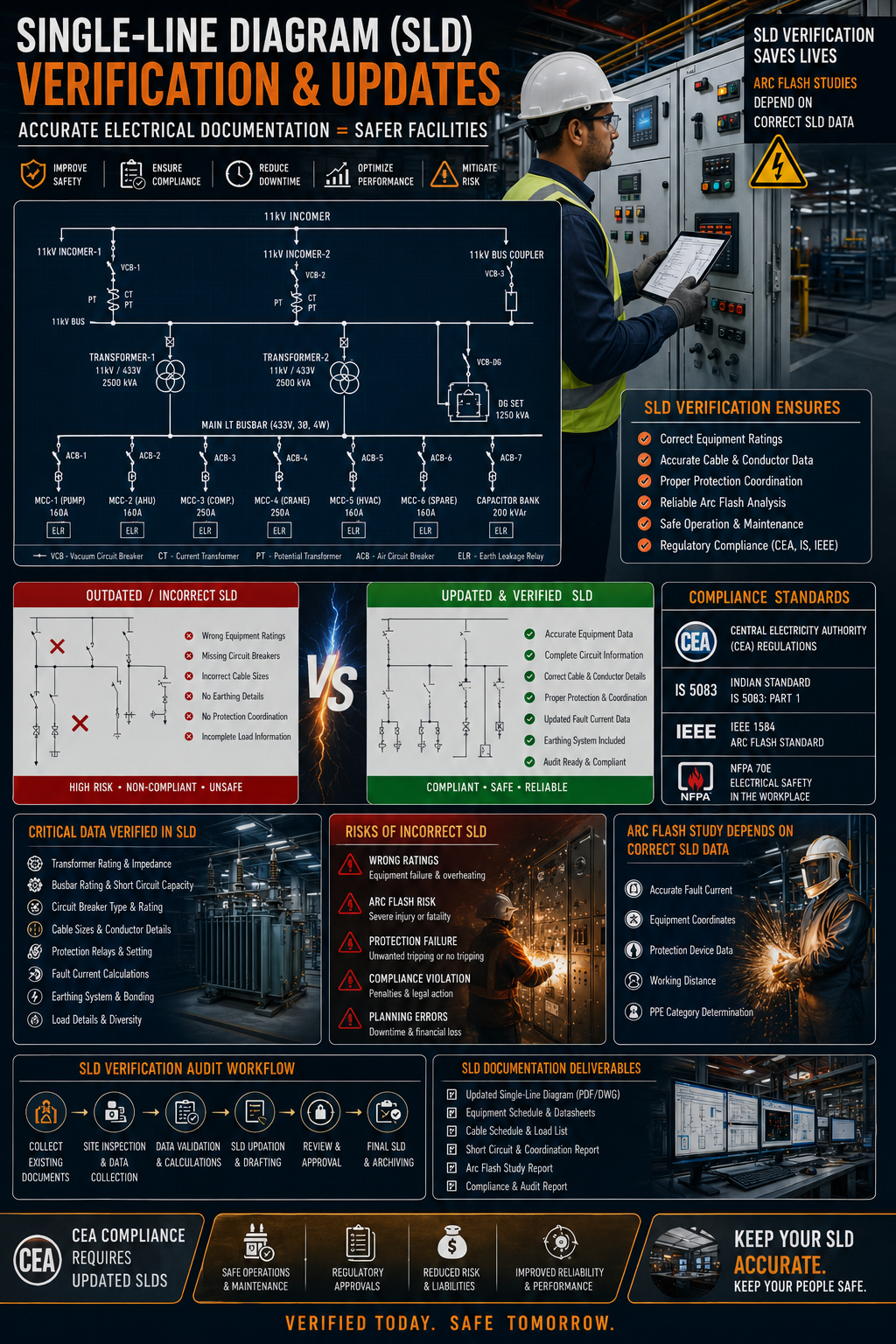 Industrial electrical SLD verification process showing transformers, switchgear, and compliance inspection