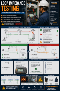 Electrician performing loop impedance test on industrial electrical distribution panel using multifunction installation tester