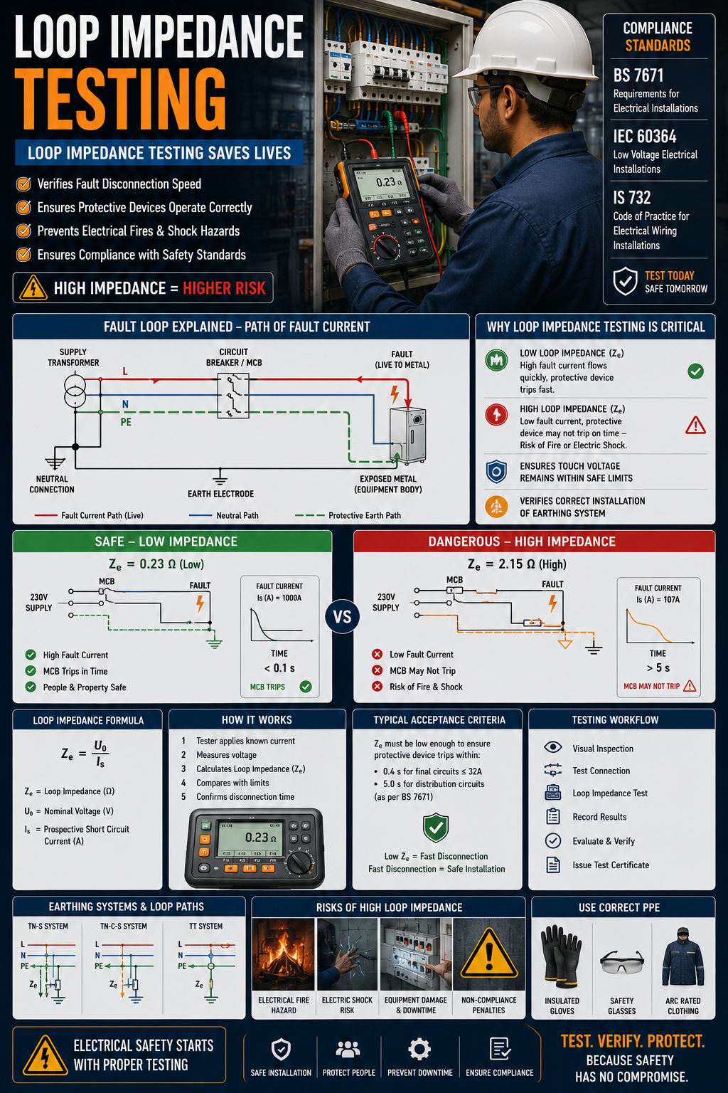 Electrician performing loop impedance test on industrial electrical distribution panel using multifunction installation tester