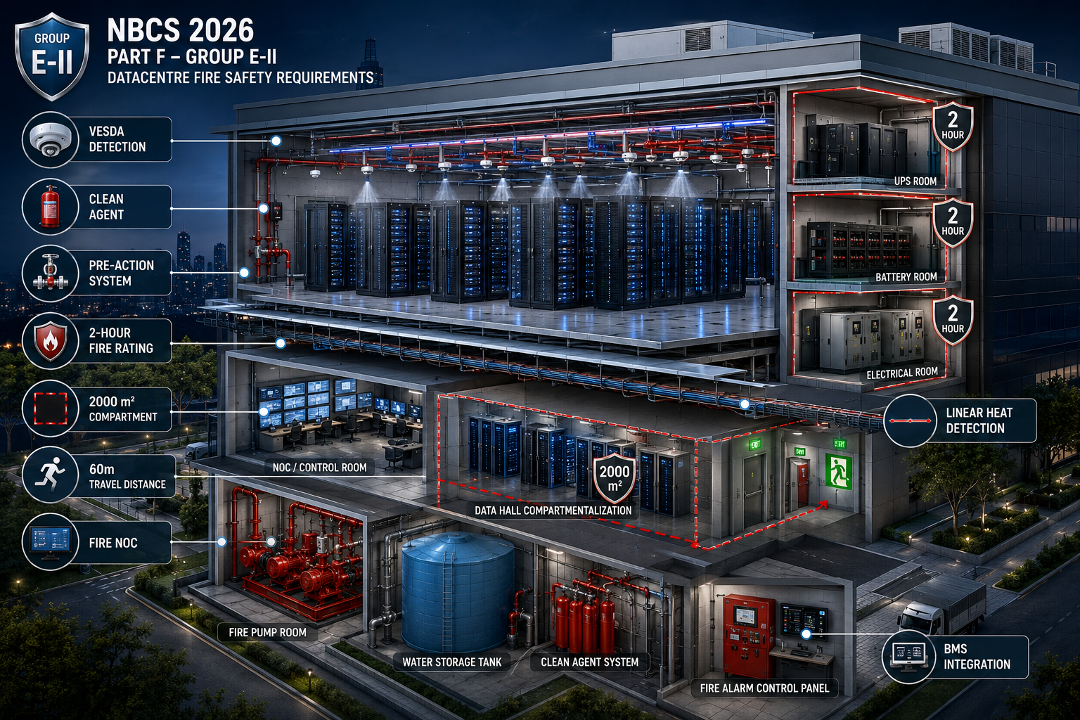 Modern data centre fire safety systems showing VESDA aspiration smoke detection, clean agent gas suppression, pre-action sprinkler system, server racks, UPS room, battery room and NBCS 2026 Group E-II compliance requirements.
