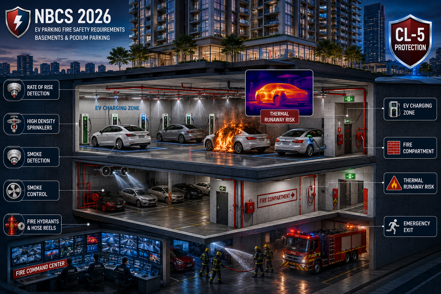 EV charging station fire safety infographic showing electric vehicle charging bays, lithium-ion battery thermal runaway, CL-5 sprinkler protection, rate-of-rise heat detection, smoke control systems and NBCS 2026 compliance requirements.