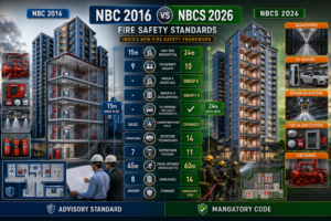 NBCS 2026 vs NBC 2016 Fire Safety Standards comparison infographic showing key changes in high-rise building requirements, EV parking fire safety, datacentre protection, occupancy classifications, compartmentation rules, fire detection technologies, and fire suppression systems in India.