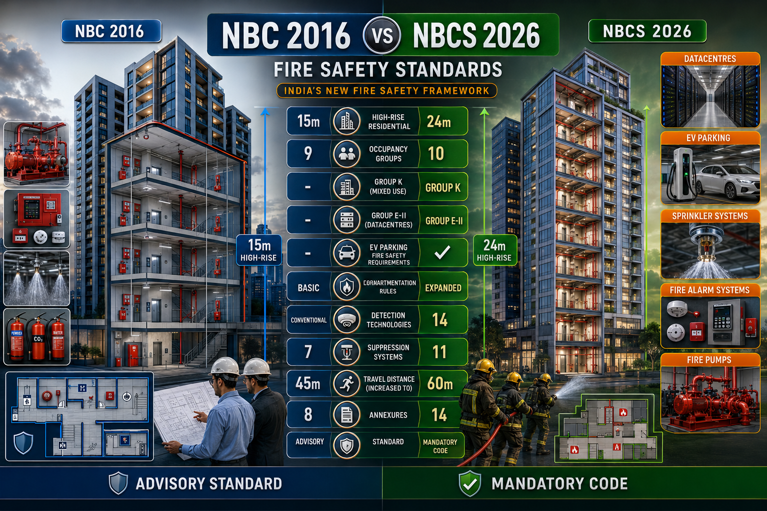 NBCS 2026 vs NBC 2016 Fire Safety Standards comparison infographic showing key changes in high-rise building requirements, EV parking fire safety, datacentre protection, occupancy classifications, compartmentation rules, fire detection technologies, and fire suppression systems in India.