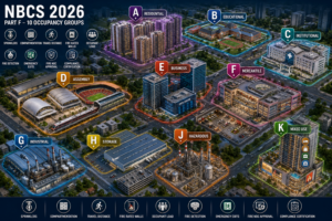 EV charging station fire safety infographic showing electric vehicle charging bays, lithium-ion battery thermal runaway, CL-5 sprinkler protection, rate-of-rise heat detection, smoke control systems and NBCS 2026 compliance requirements.
