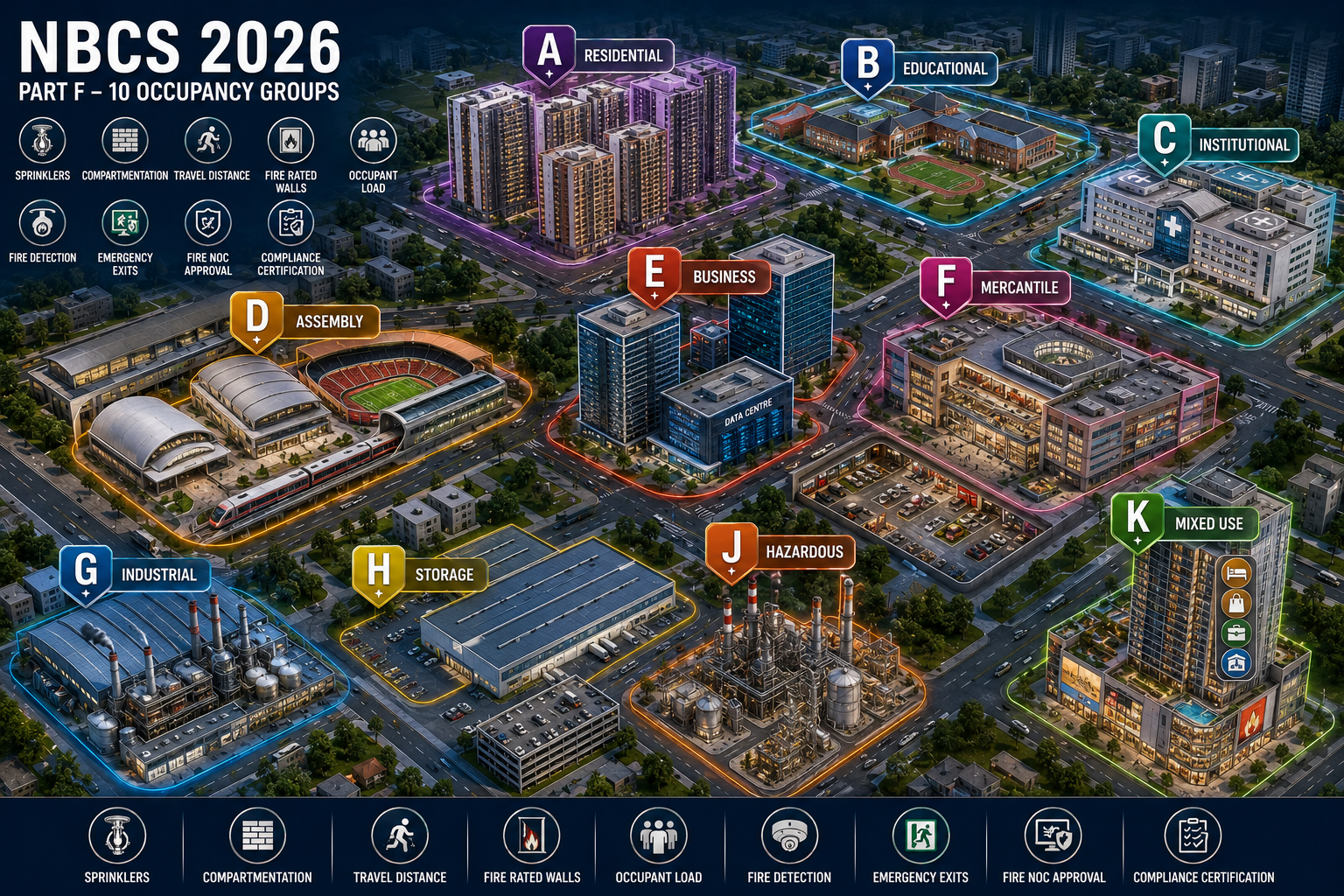 EV charging station fire safety infographic showing electric vehicle charging bays, lithium-ion battery thermal runaway, CL-5 sprinkler protection, rate-of-rise heat detection, smoke control systems and NBCS 2026 compliance requirements.