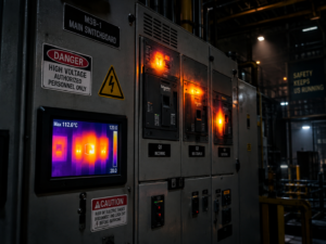 Industrial electrical switchboard showing thermal imaging with 112.6°C hotspot — electrical hazard detected during safety audit
