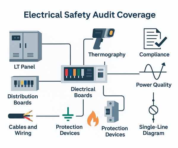 Infographic titled Electrical Safety Audit Coverage showing icons for LT panel, thermography, compliance, power quality, electrical boards, distribution boards, cables and wiring, protection devices, and single-line diagram.