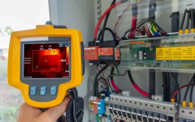A hand holds a yellow thermal imaging camera pointed at an open electrical panel, displaying a heat map of the components inside for temperature monitoring—ideal for conducting Energy Audits and Safety Audits.