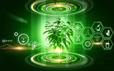 A green plant stands in the center of a glowing, futuristic interface with digital science and technology icons, including DNA, atoms, molecules, and energy audit symbols on a green background. Circular lights surround the plant.