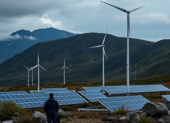 A person stands near solar panels and wind turbines in a mountainous landscape under a cloudy sky, highlighting renewable energy sources and the importance of energy due diligence in preserving nature.